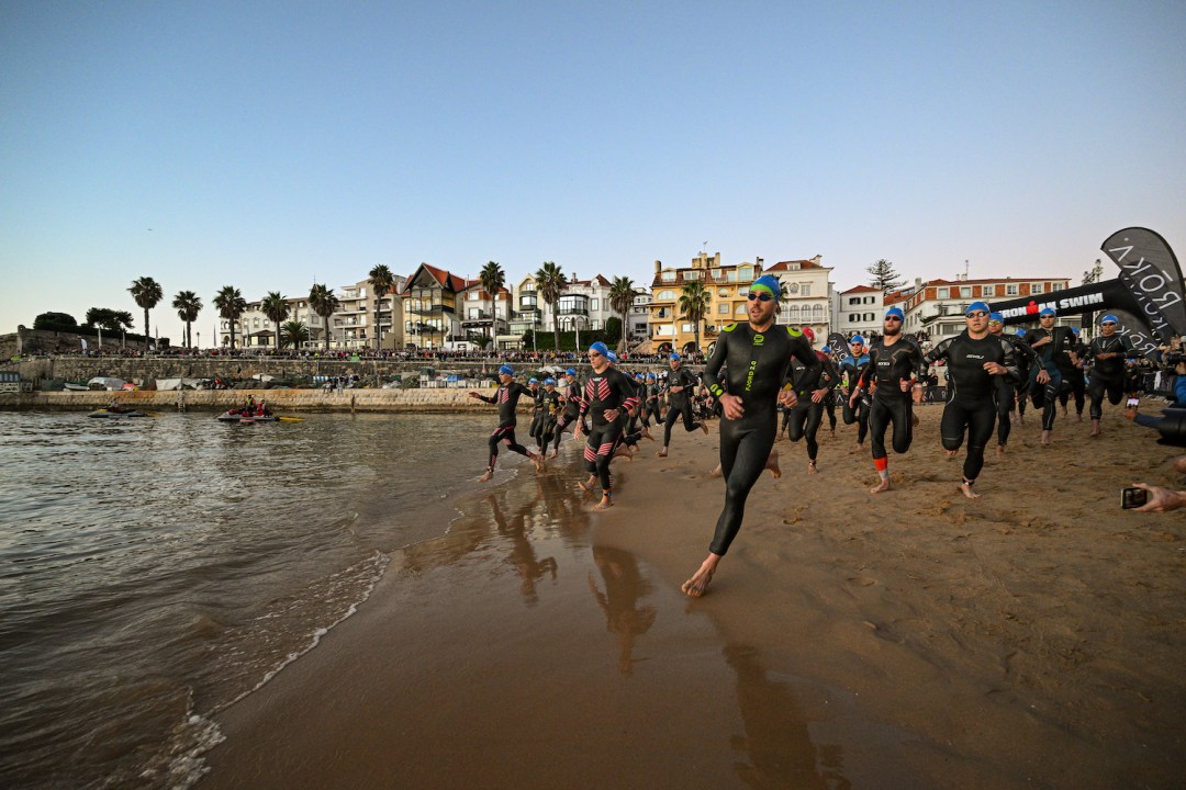 Athletes during the swim leg of IRONMAN 70.3 Portugal Cascais on October 15, 2022 in Lisbon, Portugal