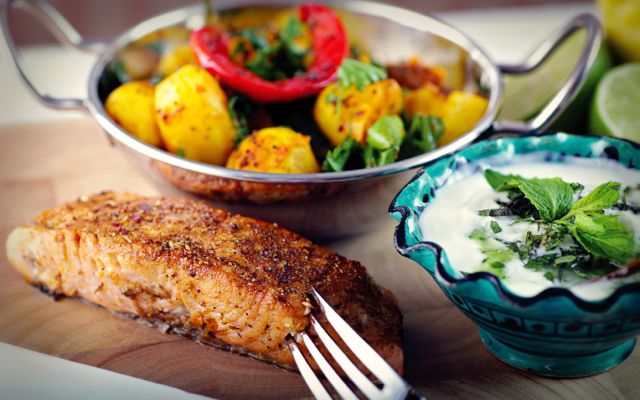 20min recipe: Indian-style salmon, sag aloo and cucumber raita