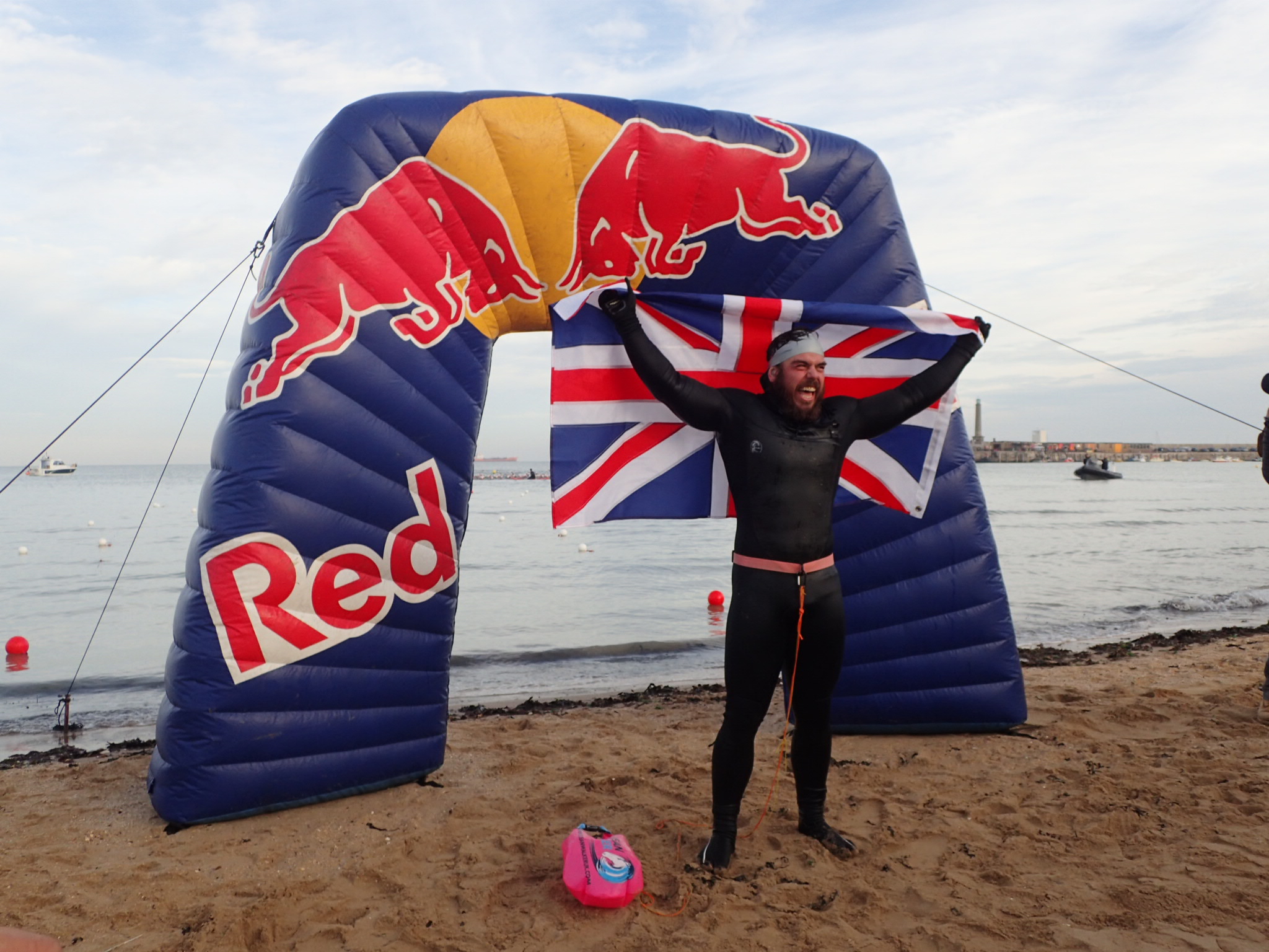 Ross Edgley finishes the Great British Swim after 157 days at sea. Image: 220/Gavin Parish