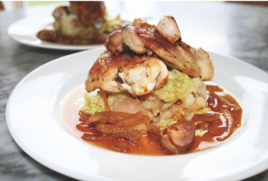 Garlic Chicken Thighs with Colcannon Mash and Onion Gravy