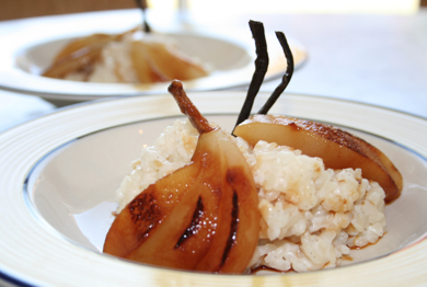 Caramelised Pears with Coconut and Vanilla Rice