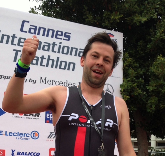 Matt Baird at the finish of Cannes Triathlon