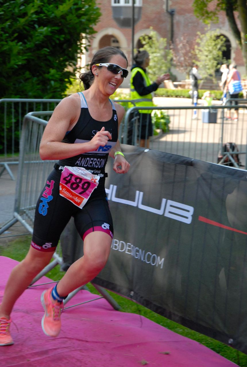 Sam Anderson finishing the run course at Jenson Button Trust Triathlon