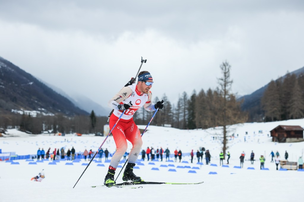 Joscha Burkhalter of Switzerland competes during the Men's Mass Start as part of the Swiss Biathlon Championships on March 23, 2024 in Ulrichen, Switzerland. 