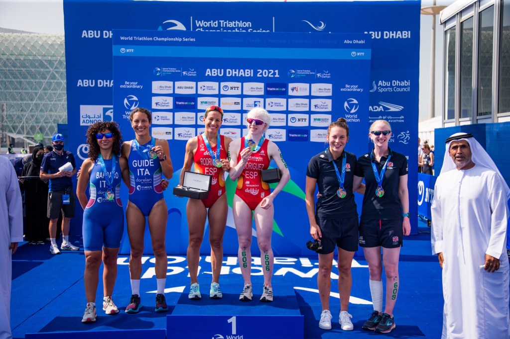 Alison Peasgood and Nikki Bartlett on the podium at the Paratriathlon World Championships