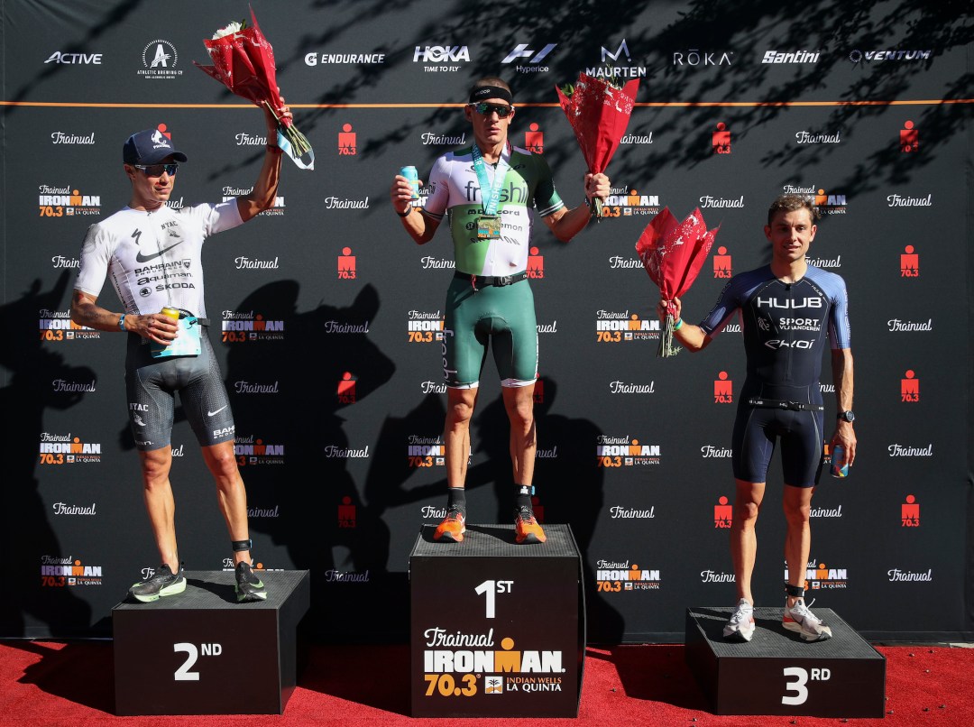 Lionel Sanders, Vincent Luis and Jelle Geens on the podium of Ironman 70.3 Indian Wells