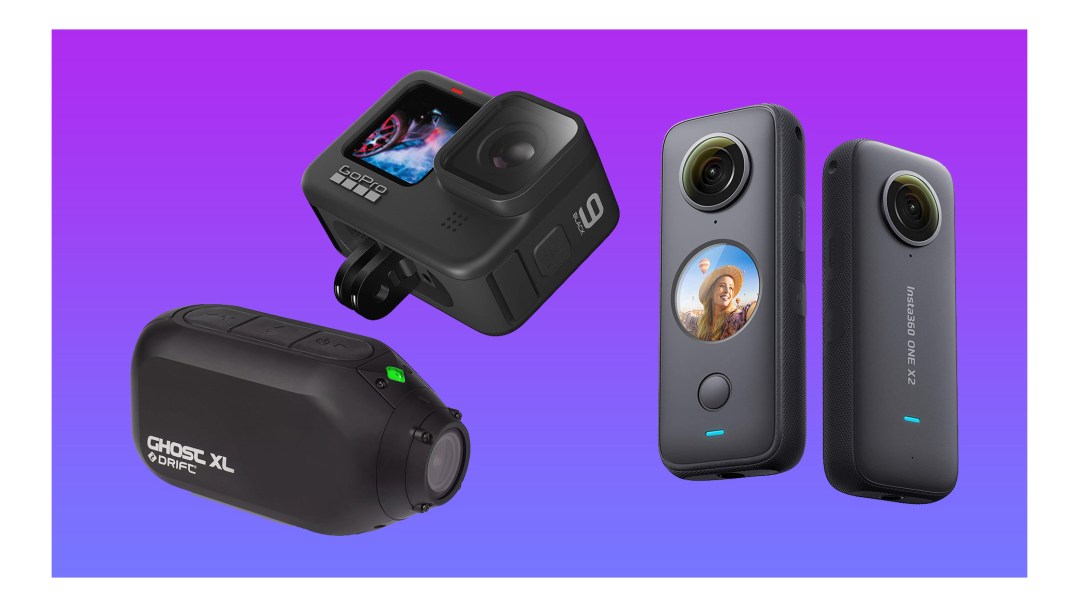 Three cycling cameras on a blue/purple background