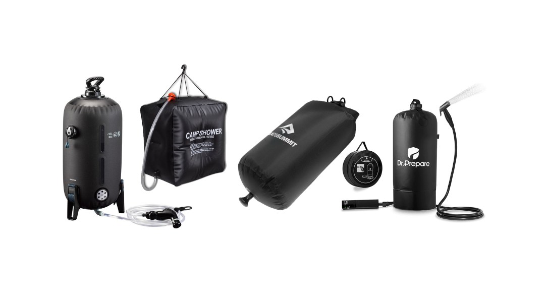 A selection of portable shower kits on a white background