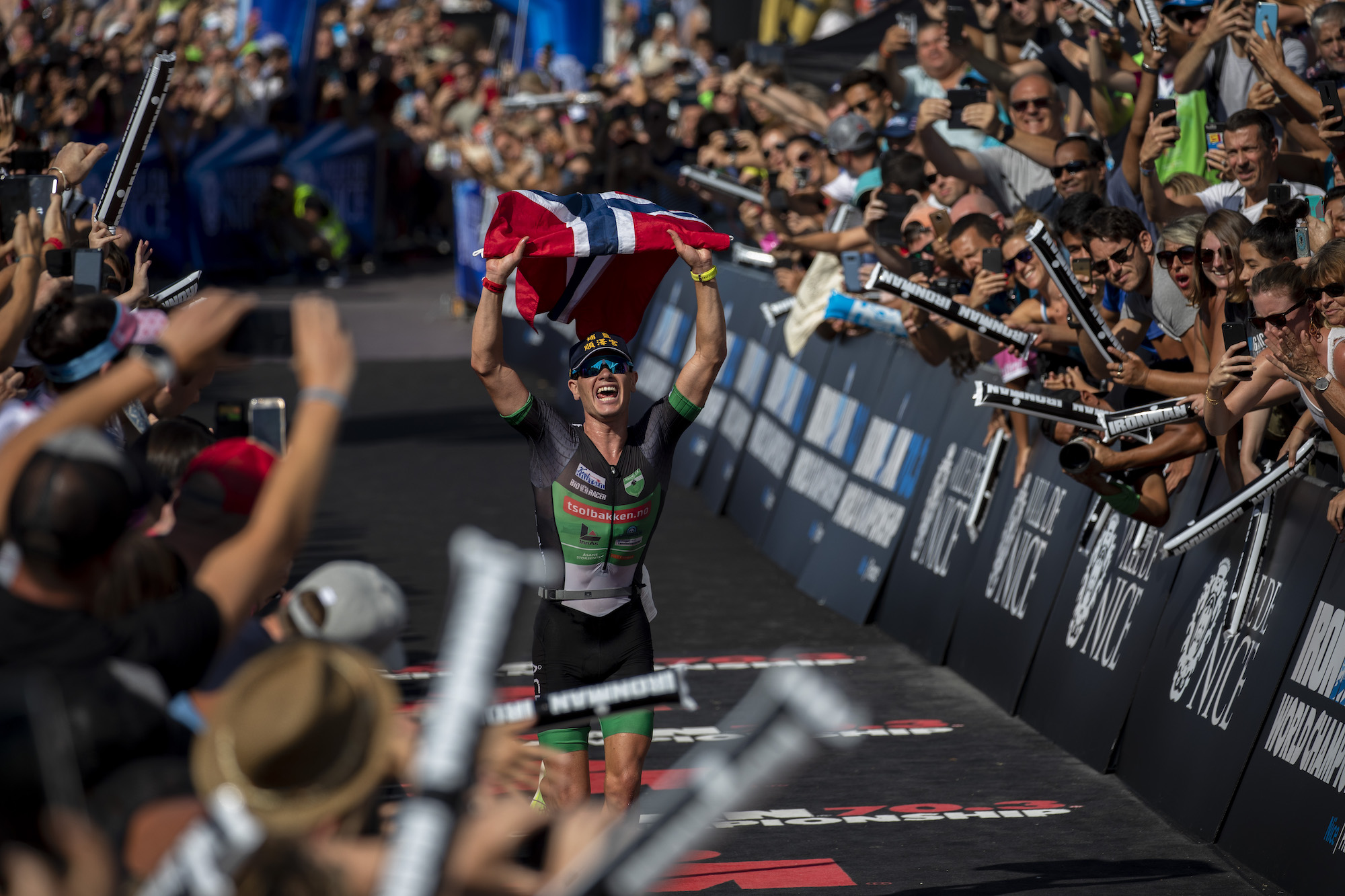 Gustav Iden crosses the finish line to win Ironman 70.3 World Championship in 2019
