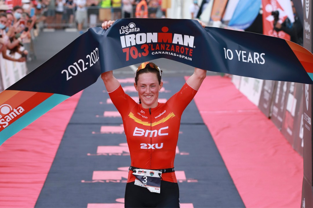 British triathlete Kat Matthews finishing Ironman Lanzarote