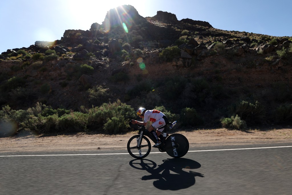 Norwegian triathlete Kristian Blummenfelt competes on the bike during the 2021 Ironman World Championships on May 07, 2022 in St George, Utah