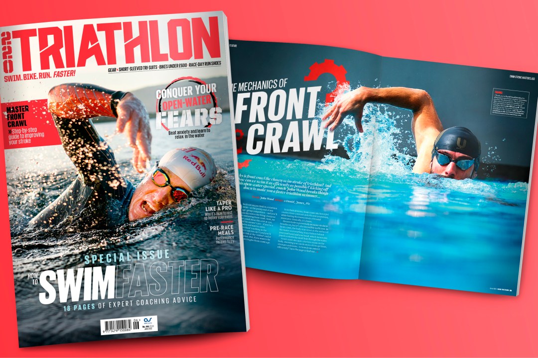 Front cover of 220 Triathlon June issue with a swimmer in open water