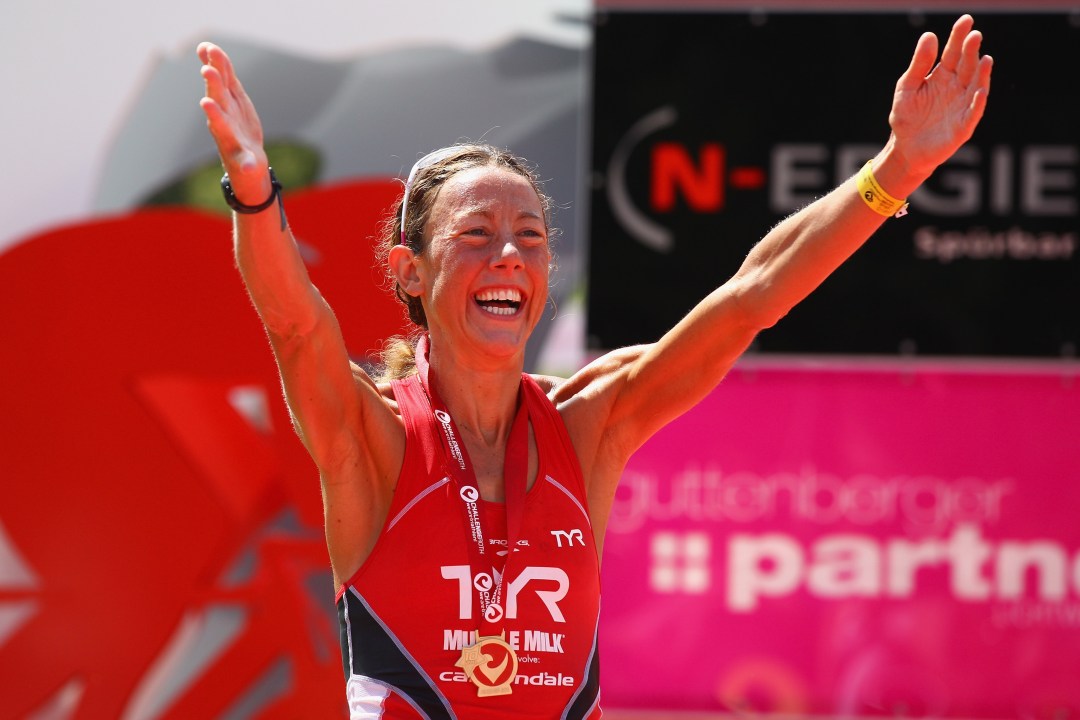 Chrissie Wellington celebrates winning the 2011 Challenge Roth with a new long-distance world record