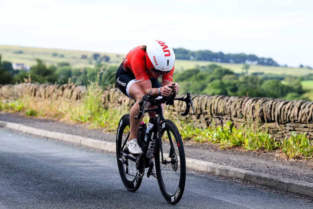 Kat Matthews competes on the bike leg of Ironman UK