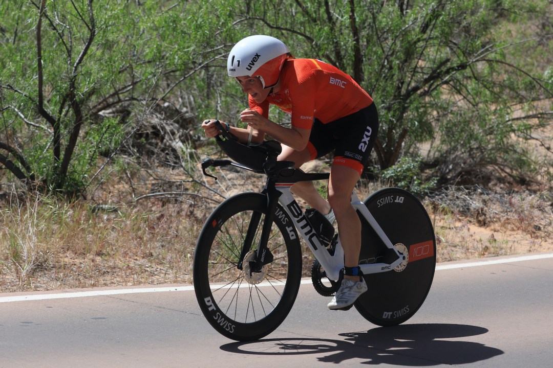 Kat Matthews competes on the bike leg of the Ironman World Championship