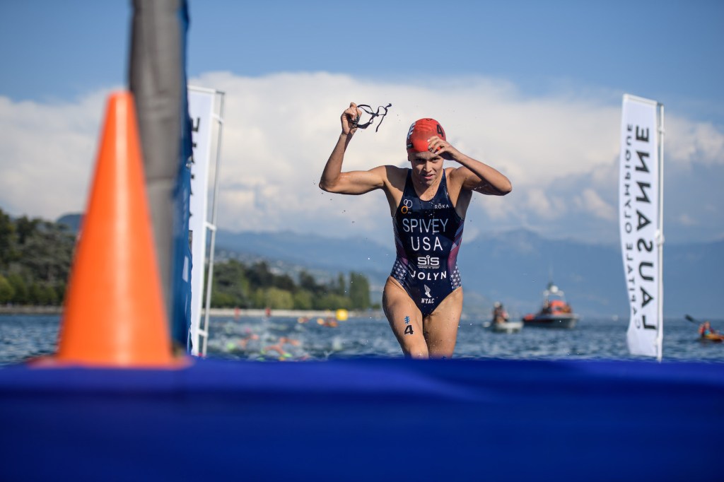 Triathlete Taylor Spivey exits the water at the 2019 ITU World Triathlon Grand Final Lausanne