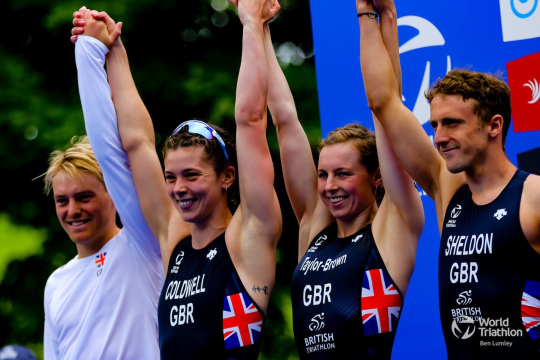 Team GB celebrate a silver medal in the relay at Leeds triathlon