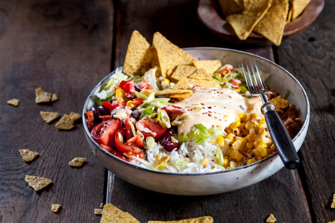 mexican rice bowl with tortilla chips