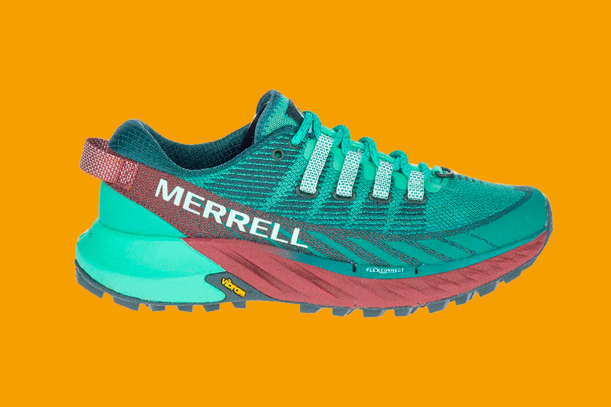 Merrell Agility Peak 4 run shoes on an orange background