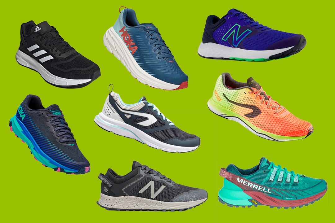 Compilation of cheap running shoes on a green background