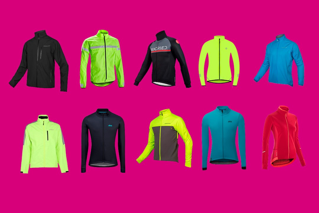 A selection of cycling jackets on a pink background