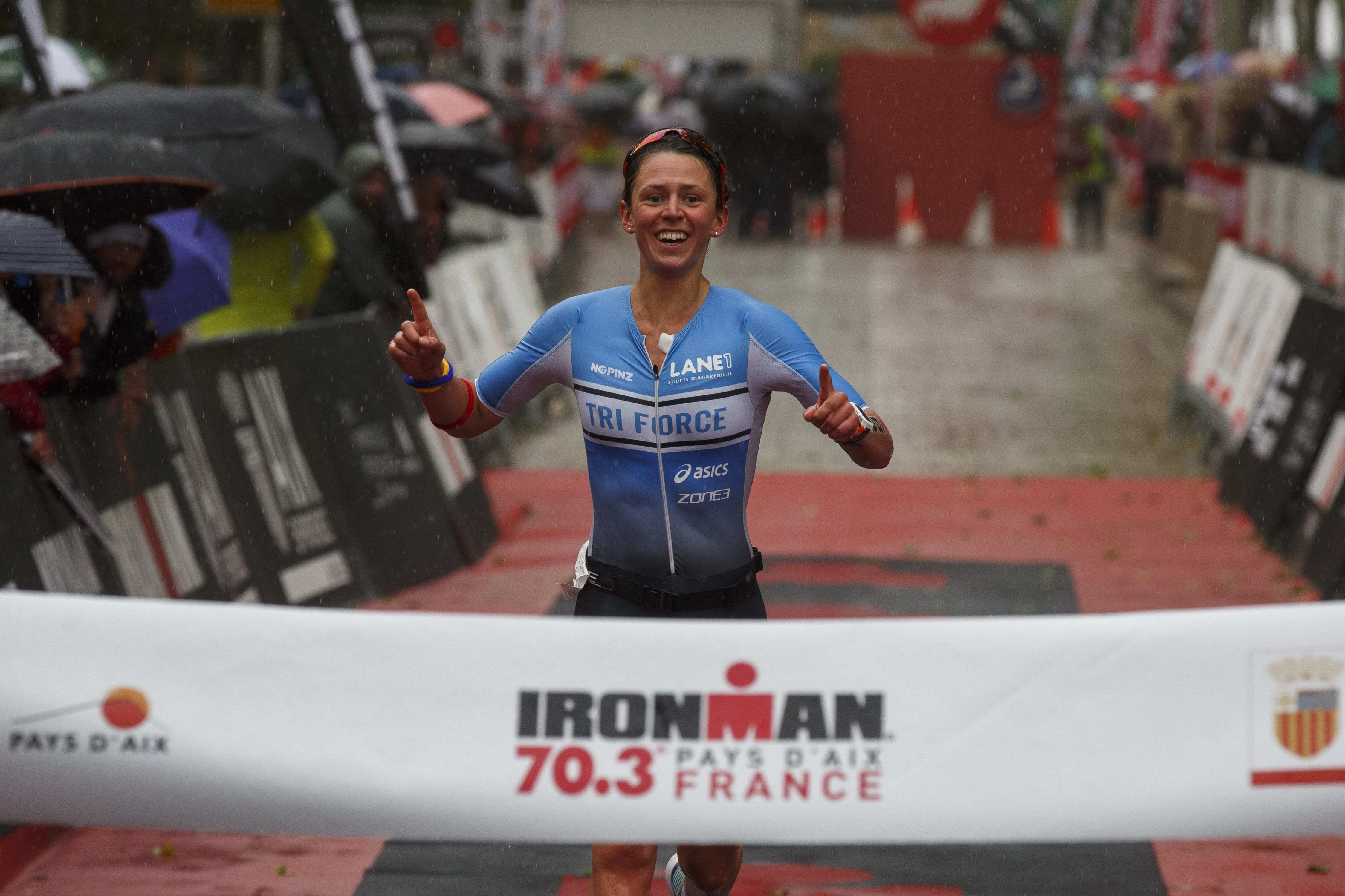 AIX-EN-PROVENCE, FRANCE - MAY 13: Athlete Fenella Langridge of Great Britain crosses the finish line on third position of the Women's race during Ironman 70.3 - Pays d'Aix on May 13, 2018 in Aix-en-Provence, France. (Photo by Pablo Blazquez Dominguez/Getty Images for IRONMAN)