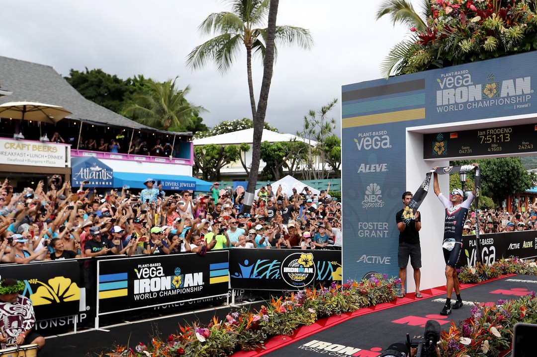 Jan Frodeno of Germany celebrates after winning the Ironman World Championships on October 12, 2019 in Kailua Kona, Hawaii.