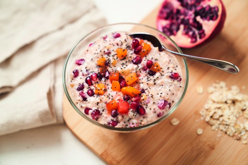 Chia, mango and pomegranate bircher