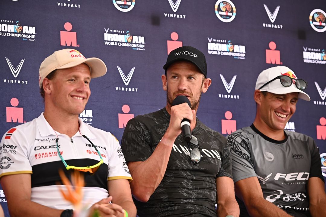 L-R: Kristian Blummenfelt, Lionel Sanders and Braden Currie at the 2022 Ironman World Championship press conference, Kona, Hawaii