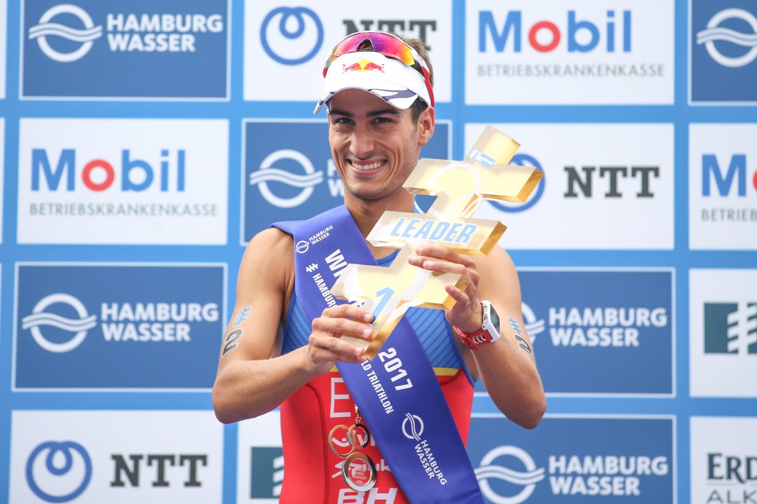 Mario Mola of Spain wins the sprint distance at the Hamburg Wasser ITU World Triathlon Championships on July 15, 2017 in Hamburg, Germany