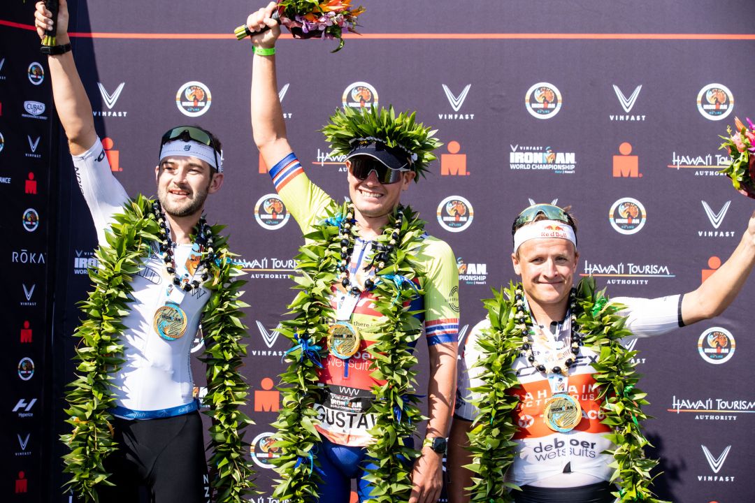 The 2022 Kona podium where Gustav iden took the spoils and Kristian Blummenfelt finished third. (Pic credit: David Pintens, Getty Images)