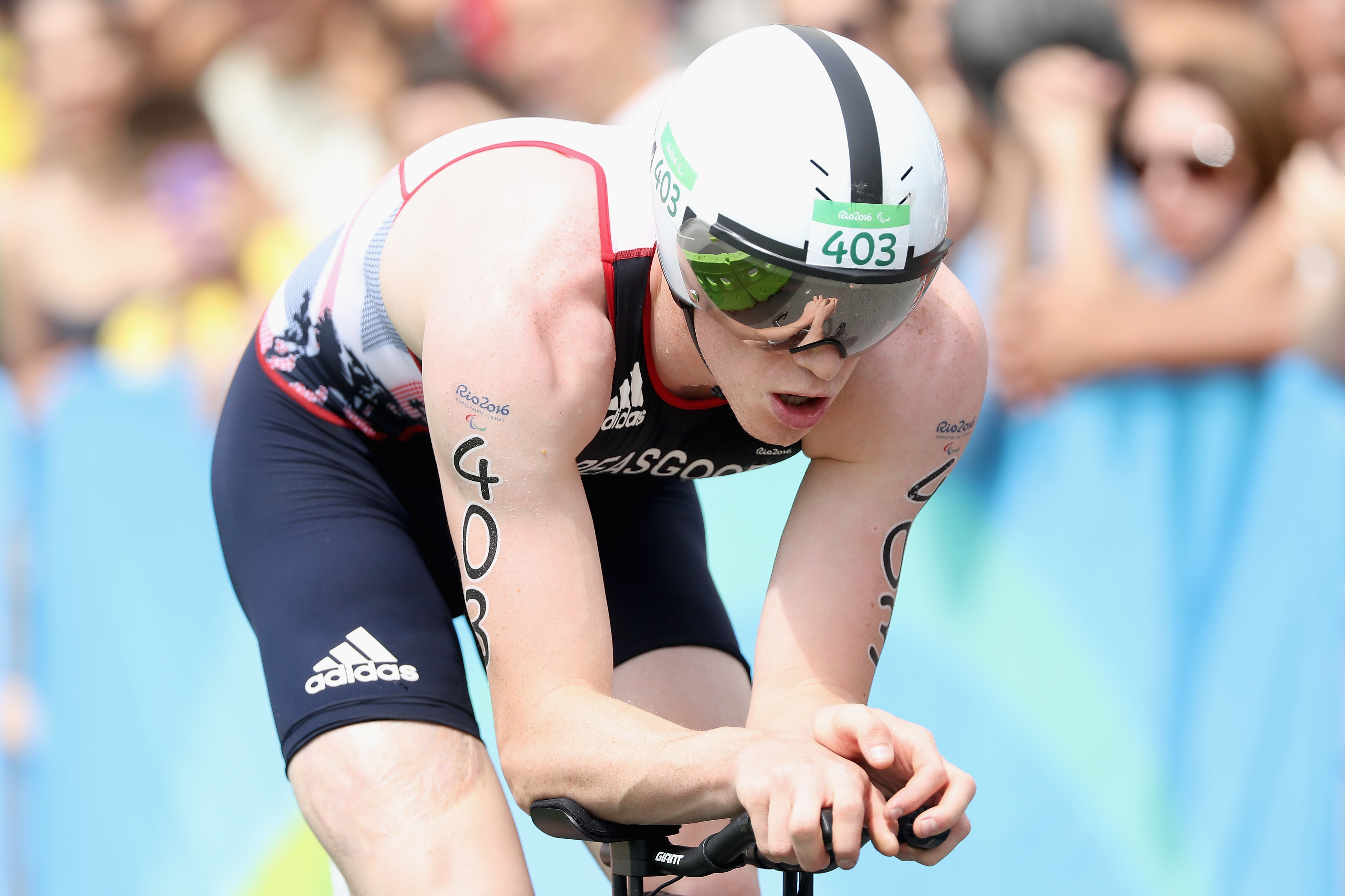 George Peasgood of Great Britain competes in the men's triathlon PT4 at Fort Copacabana during day 3 of the Rio 2016 Paralympic Games