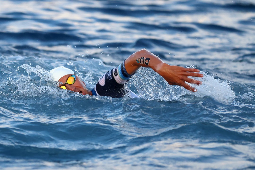 Kenneth Vandendriessche of Belgium competes during the swim portion of the IRONMAN World Championships on October 08, 2022 in Kailua Kona, Hawaii.