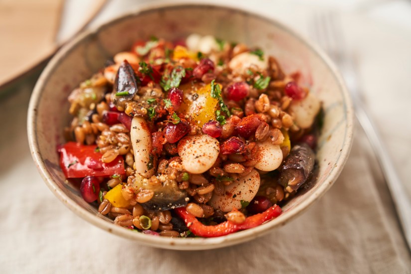 Butterbean, spelt and roasted veg salad