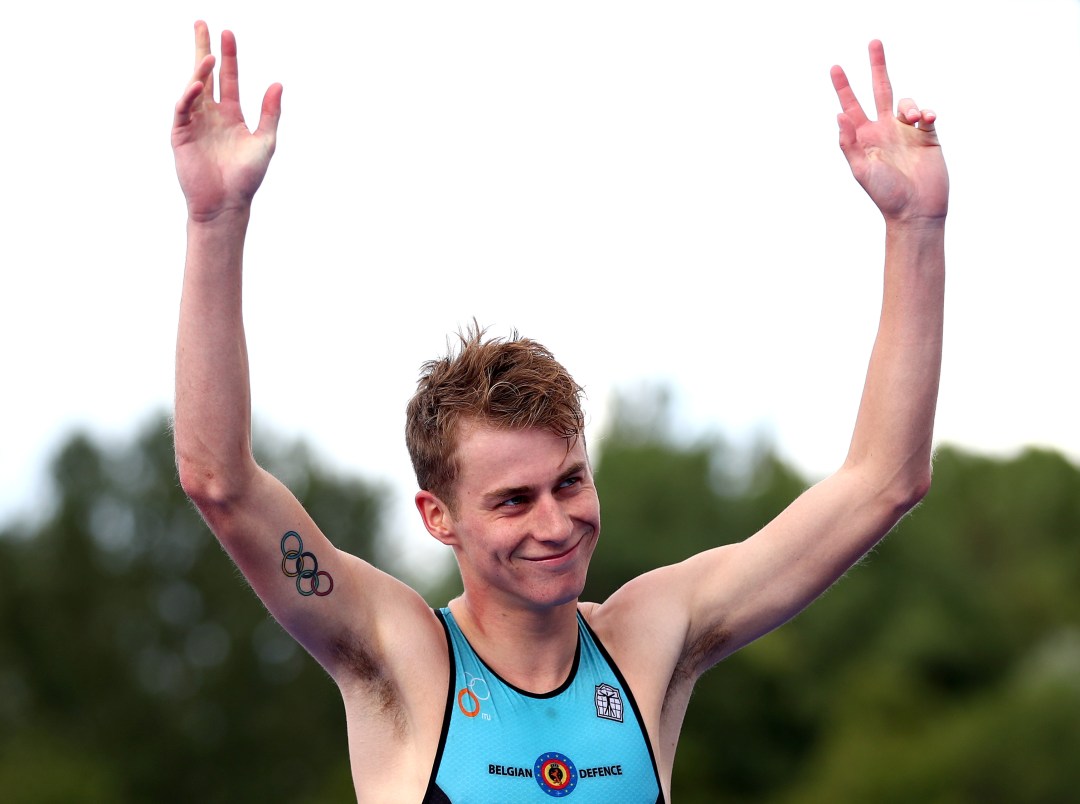 Bronze medalist Marten Van Riel of Belgium celebrates after the Men's Triathlon Final on Day Nine of the European Championships Glasgow 2018 at Strathclyde Country Park on August 10, 2018 in Glasgow, Scotland. This event forms part of the first multi-sport European Championships.