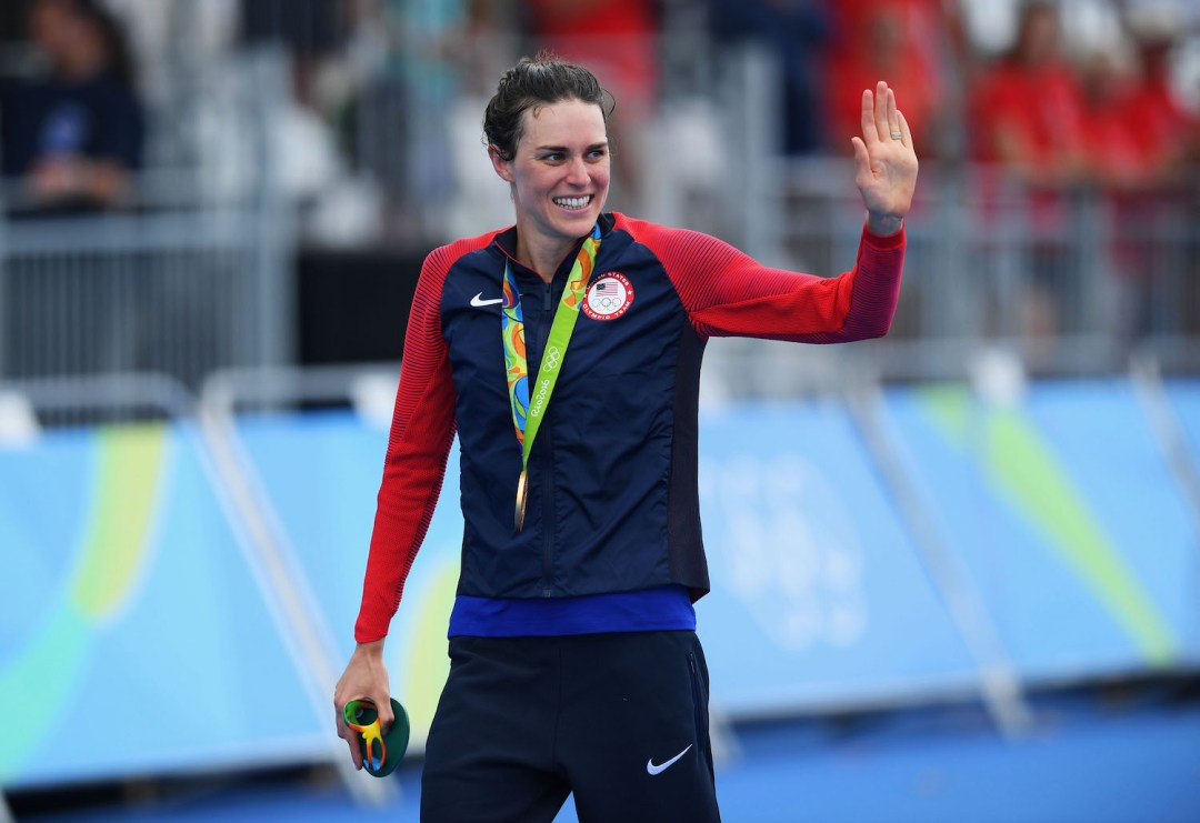 Gold medalist Gwen Jorgensen of the United States celebrates at the 2016 Rio 20 Olympic Games