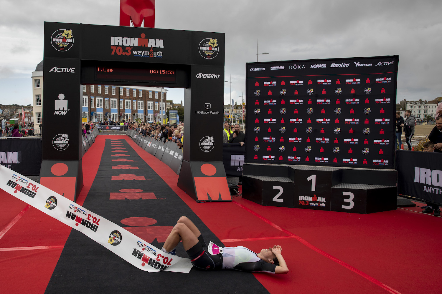 WEYMOUTH, ENGLAND - SEPTEMBER 22: India Lee of Great Britain reacts after winning the female race of IRONMAN 70.3 Weymouth on September 22, 2019 in Weymouth, England. (Photo by Pablo Blazquez Dominguez/Getty Images for IRONMAN)