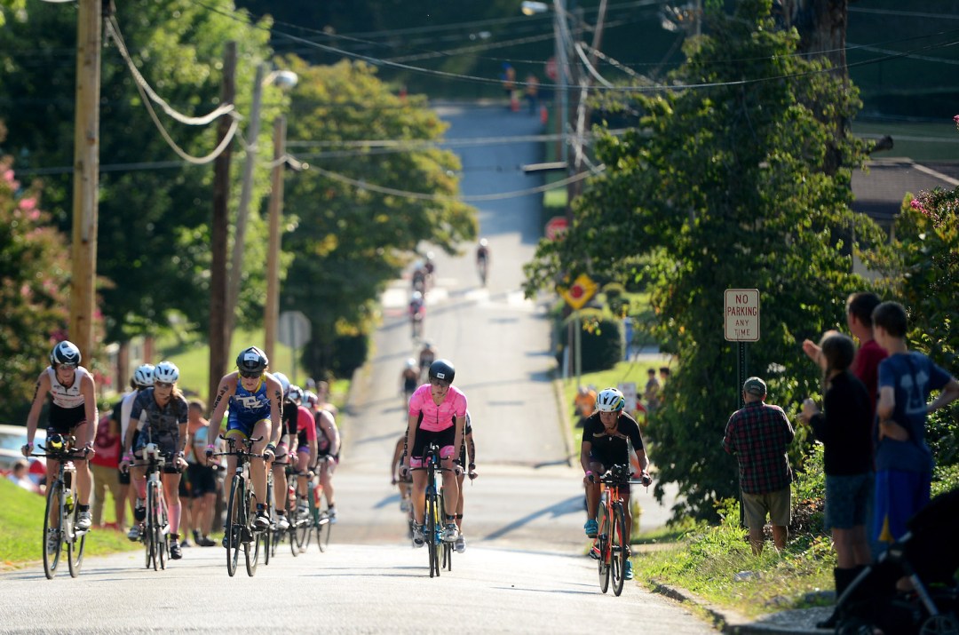 Triathletes bike uphill during the Women's IRONMAN 70.3 St. World Championships on September 9, 2017 in Chattanooga, Tennessee. (