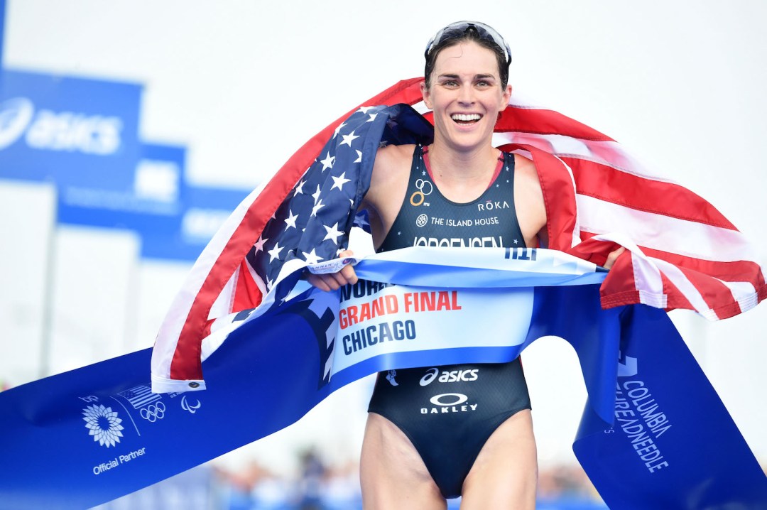 Gwen Jorgensen, USA, wins the 2015 World Triathlon Series in Chicago, USA