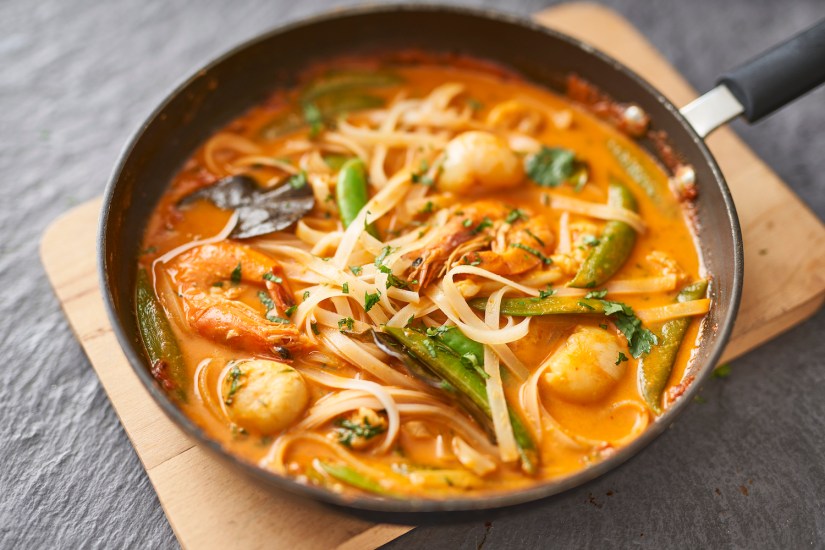 Red curry noodles with prawns and lychees