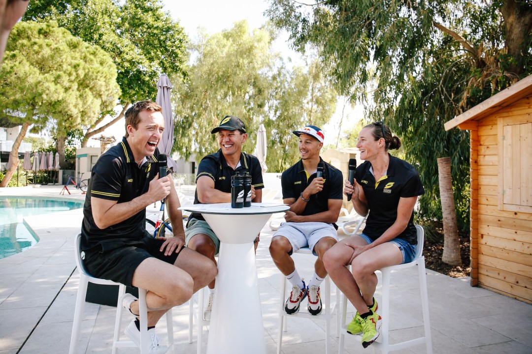 L-R: Will McCloy with Super League Triathlon co-founder Chris McCormack and pro triathletes Vincent Luis and Katie Zaferes at the 2019 SLT Malta