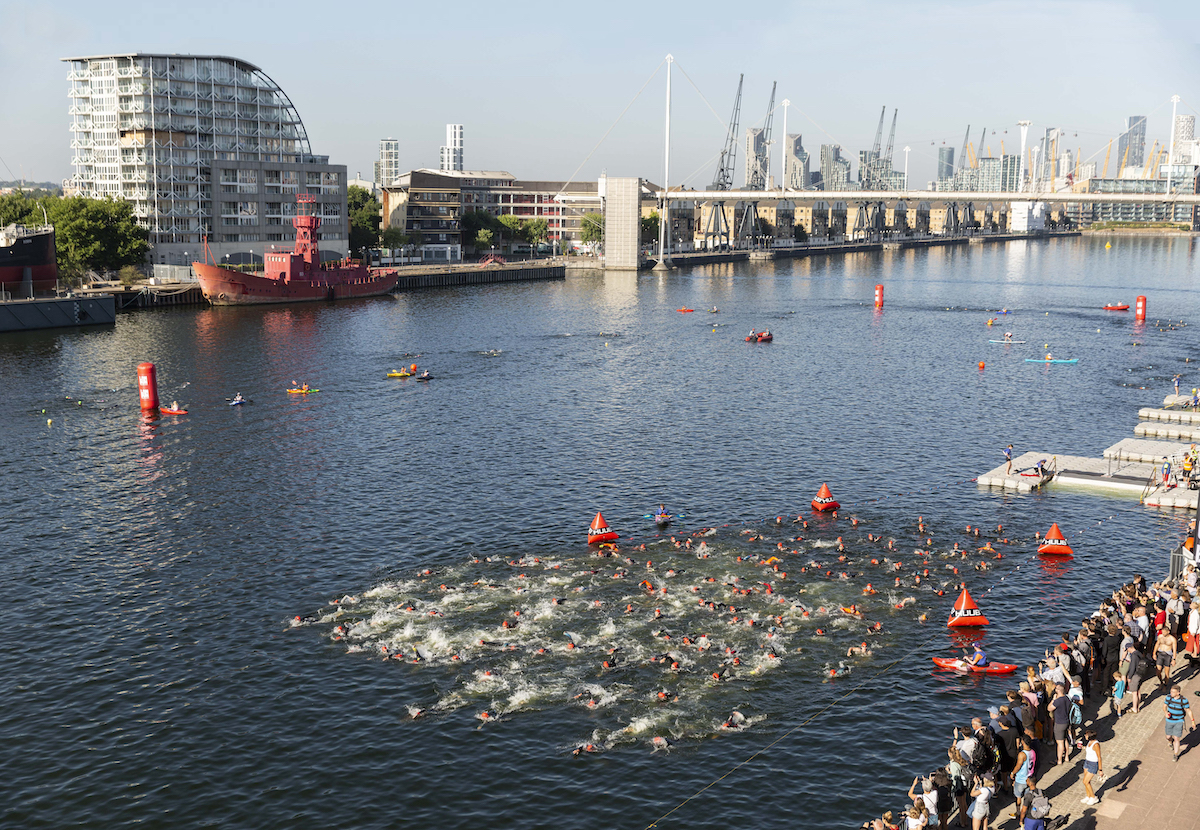 Athletes swimming at the London Triathlon