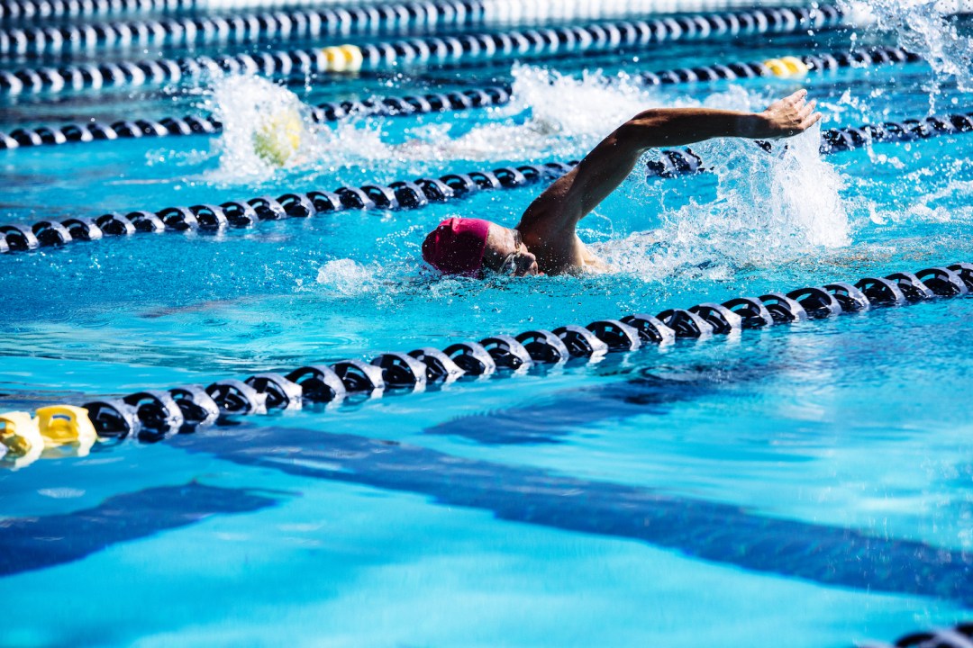 Male swimmer doing freestyle in pool lane breathing to one side out of the water