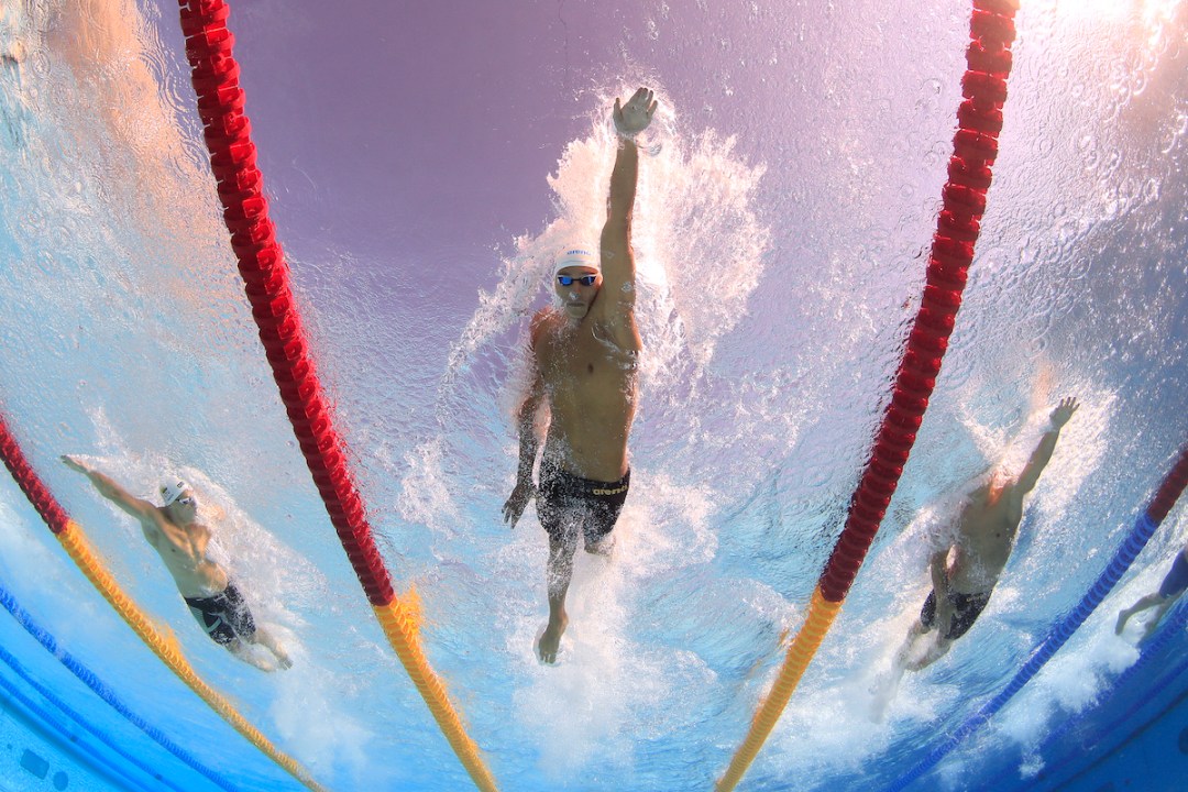 Underwater shot showing David Popovici of Romania competing in the men's 200m freestyle heats at the 2022 European Aquatics Championships, Rome.
