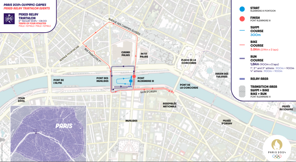 Course map for mixed relay triathlon at Paris 2024