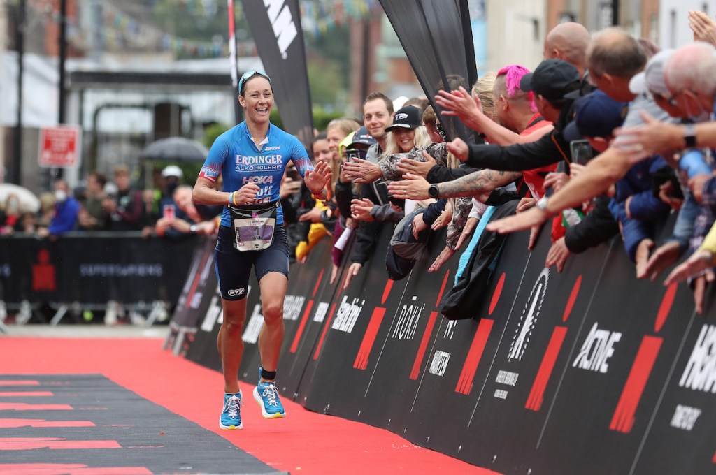 Nikki Bartlett celebrates second place at the 2021 Ironman UK