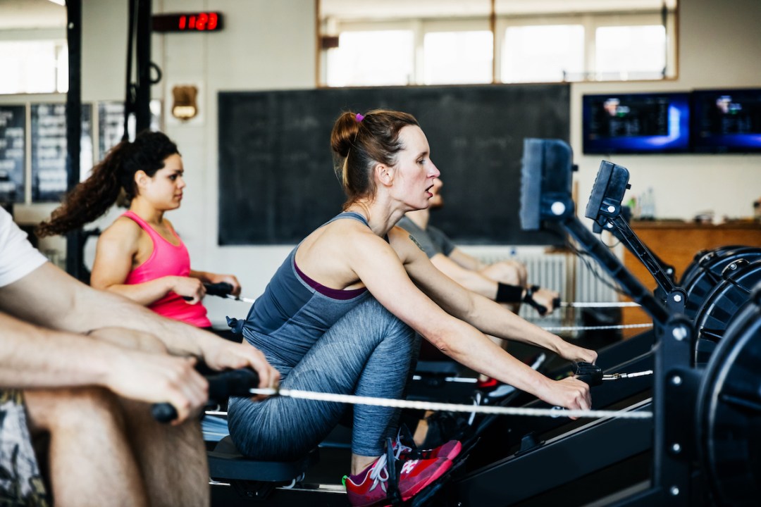 A fitness team of women at the gym using rowing machines together to stay fit and healthy