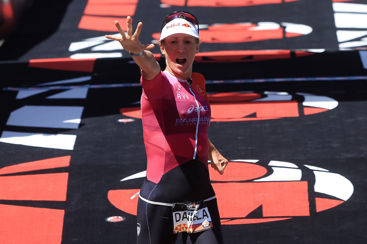 Swiss pro triathlete Daniela Ryf celebrates winning her fifth world Ironman title at the 2021 Ironman World Championships in St George, Utah