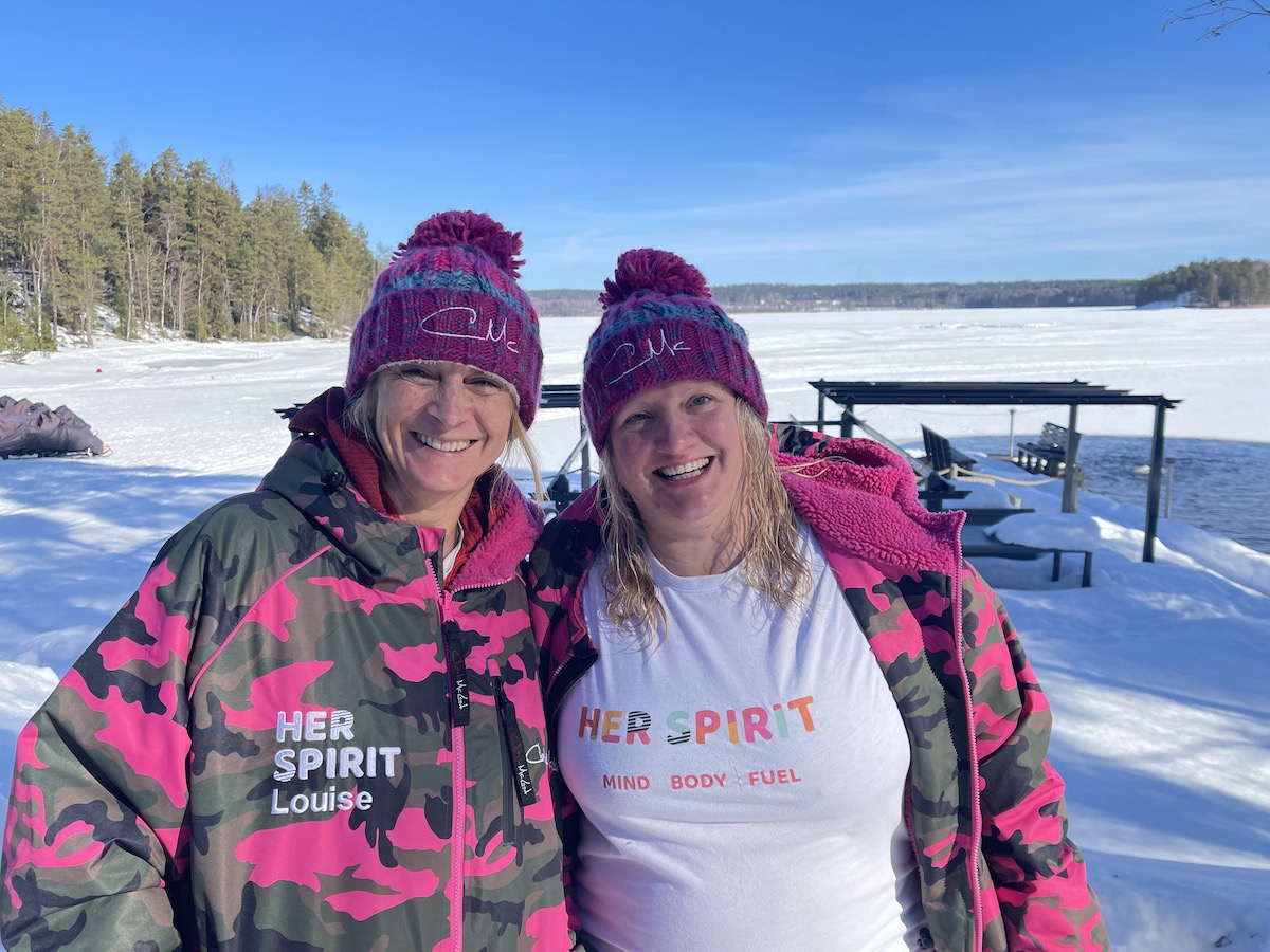 Louise Minchin with record-breaking ice swimmer Cath Pendleton in Finland, where they freedived, under ice, in the dark