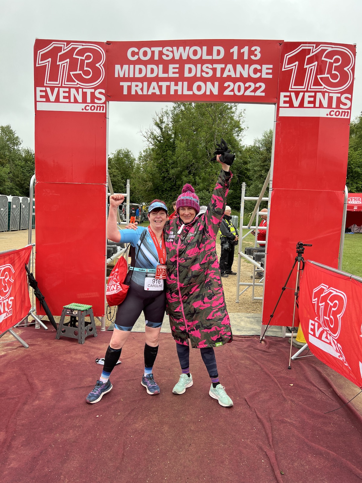 Louise Minchin with Caroline Bramwell, who has a stoma, having completed the Cotswold Middle Distance Triathlon